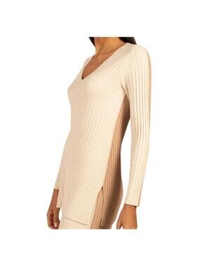 Trina Turk Zoey two tone V neck knit pullover ribbed sweater small cream long